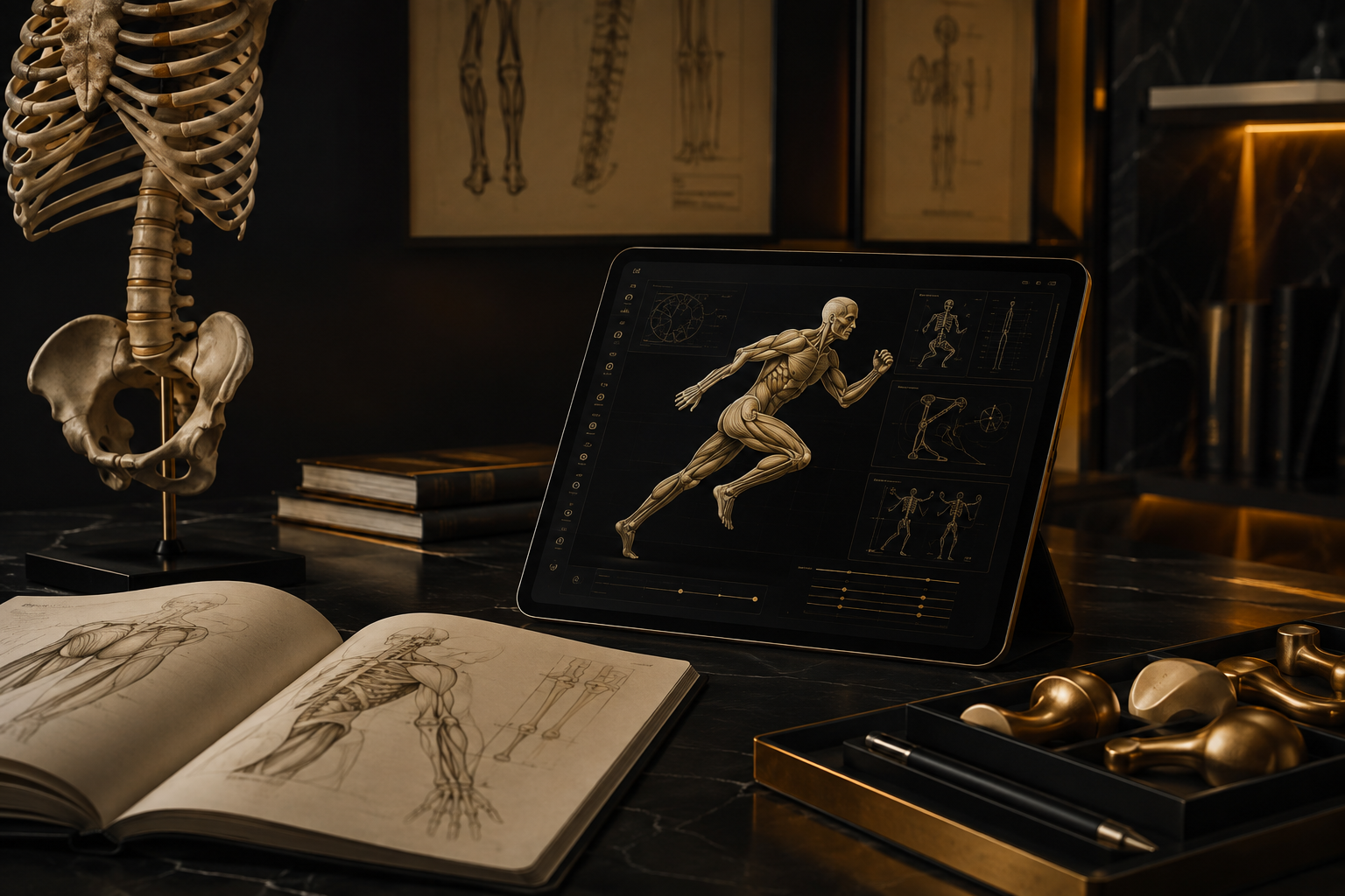 Conceptual biomechanics curriculum displayed in a premium learning studio