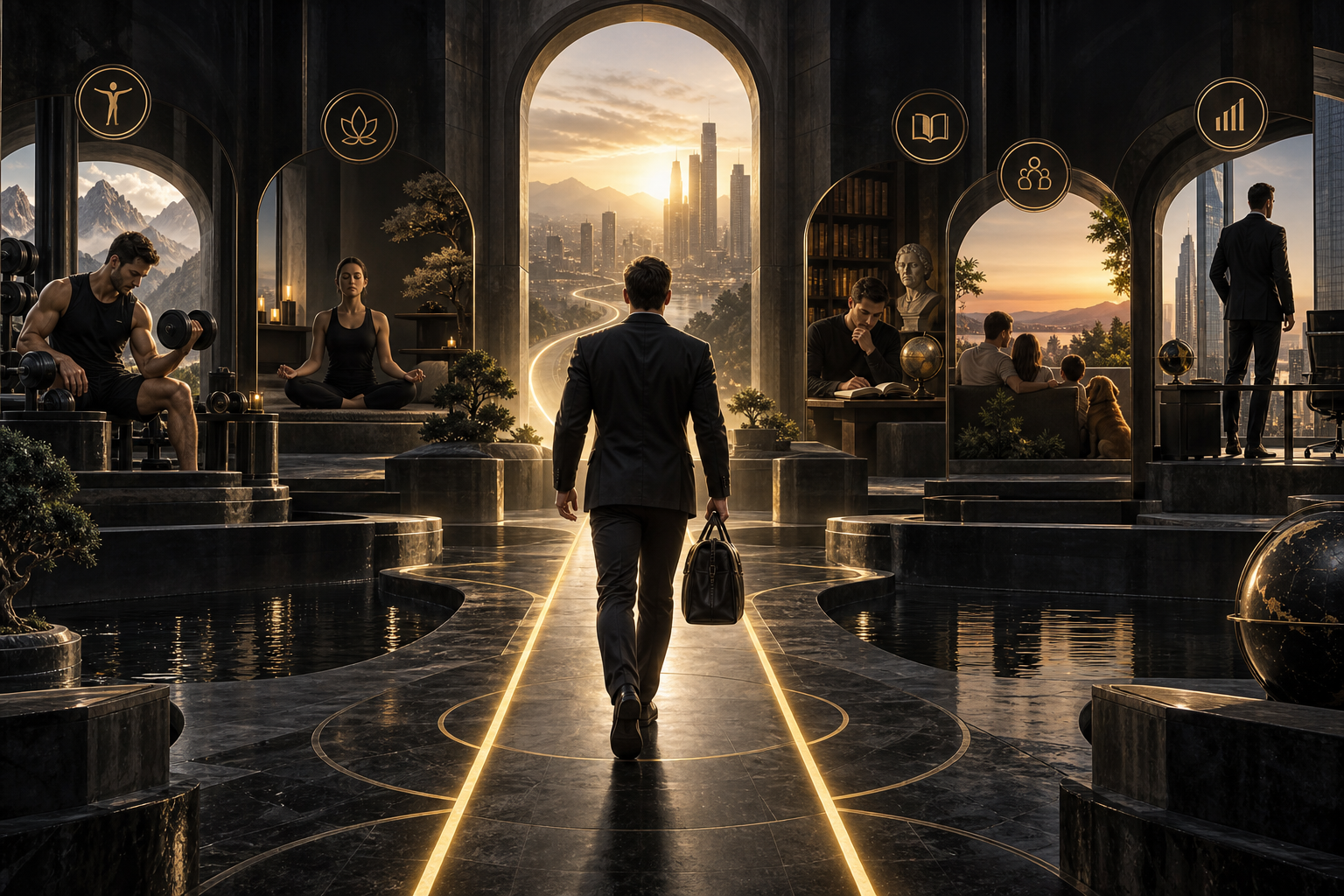 An adult life avatar on a gold-lit progression path with subtle training, learning and professional achievement imagery
